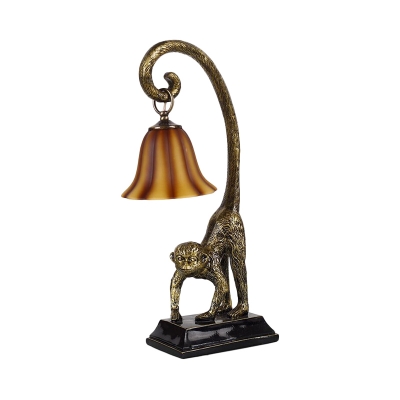 Antiqued Bronze Monkey Servant Table Lamp Vintage Resin 1 Bulb Parlor Nightstand Light with Carillon Glass Shade