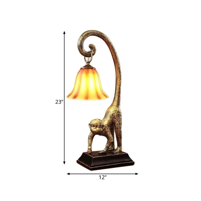 Antiqued Bronze Monkey Servant Table Lamp Vintage Resin 1 Bulb Parlor Nightstand Light with Carillon Glass Shade