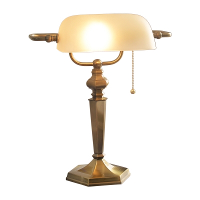 Antiqued Half-Oblong Table Lamp 1 Bulb Frosted Glass Nightstand Light with Pull Chain in Black/Brass