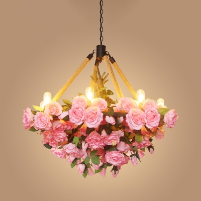 Bare Bulb Iron Ceiling Light Factory 6 Heads Restaurant Rose Chandelier Lighting Fixture with Rope in Yellow/Pink/Pink and Yellow