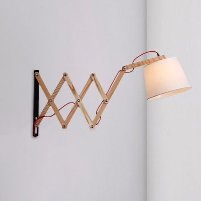 Barrel Fabric Wall Mount Light Modernist 1 Head White Sconce Lamp with Wood Expansion Arm