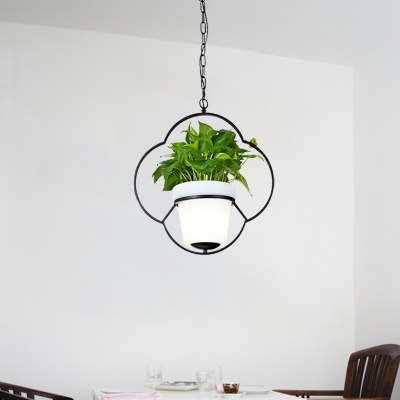 Black Round/Flower Frame Pendant Lighting Country Style Iron 1 Bulb Bistro Suspension Lamp with Bucket Planter