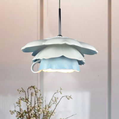 Blue Scalloped Coffee Cup Pendant Macaron 1-Head Ceramics LED Hanging Ceiling Light