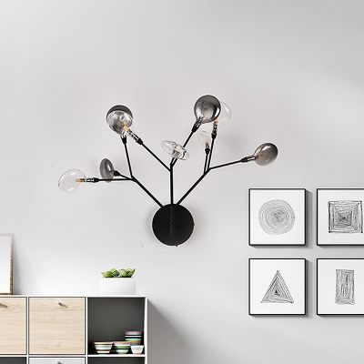 Branching Wall Lamp Contemporary Metallic 9 Heads Black Sconce Light Fixture with Smoke Grey and Clear Glass Shade