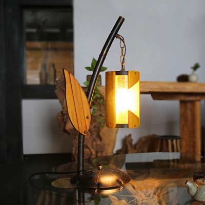 Brass 1 Light Desk Lighting Industrial Amber Crackle Glass 1-Light Table Light with Wood Leaf Deco