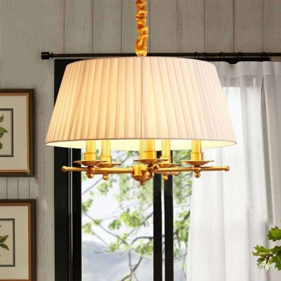 Brass 5 Bulbs Hanging Chandelier Country Style Fabric Drum Suspended Pendant Light
