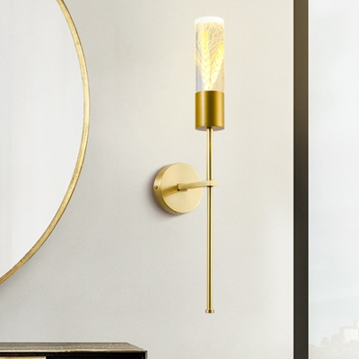 Brass Pencil Arm Wall Sconce Minimalist Metal Parlor LED Wall Lamp with Tube Acrylic Shade and Grain Inside