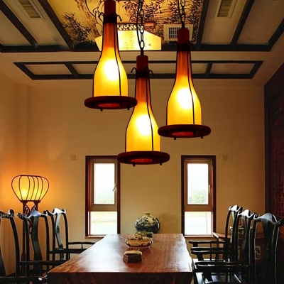 Brown Bottle Drop Pendant Factory Yellow Glass 1 Light Dining Room Hanging Light Fixture with Wood Base