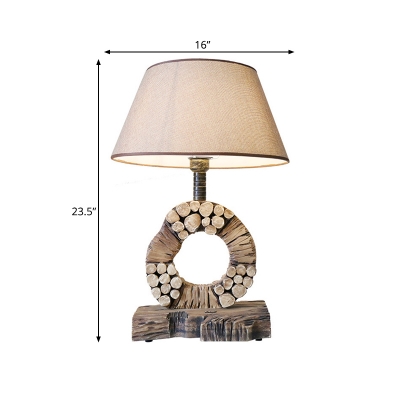 Brown Conical Table Lighting Traditional Fabric 1 Light Bedroom Night Light with Wood Circular Base
