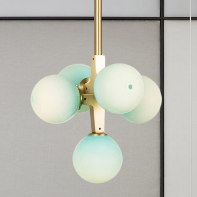Bubble Blue Glass Chandelier Lighting Modernist 5 Lights Brass Finish LED Hanging Ceiling Lamp