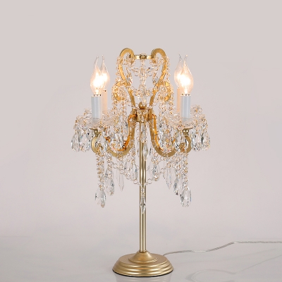 Candlestick Parlor Table Lamp Antique Crystal 2-Light White/Gold Nightstand Light with Swirl Arm
