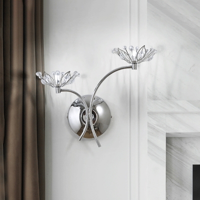 Chrome Finish 2-Head Wall Lighting Contemporary Iron Blossom Sconce Light Fixture with Crystal Orbs Decor