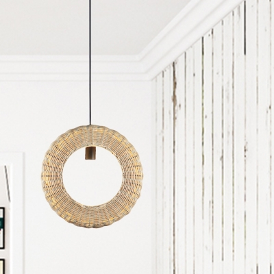 Circular Bedside Pendulum Light Rattan 1 Head Modern Style Hanging Pendant in Wood with Open Bulb Design