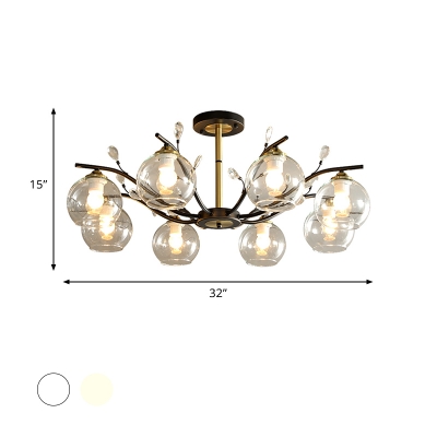 Clear/Cream Glass Branching Semi Flush Postmodern 8 Bulbs Black-Brass Ceiling Mount Chandelier with Dome Shade