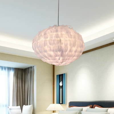 Contemporary Feather Globe Hinging Light Fabric 1 Light Bedroom Ceiling Suspension Lamp in White