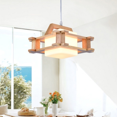 Cube Dining Room Hanging Lighting White Glass 1 Bulb Asian Style Ceiling Pendant Lamp with Wooden Squared Frame