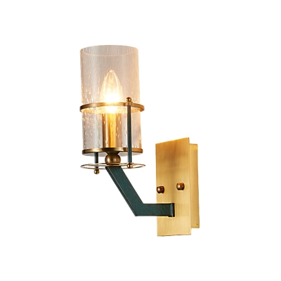 Cylindrical Clear Seedy Glass Wall Lamp Vintage 1 Bulb Living Room Sconce Lighting in Green-Brass