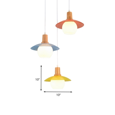 Disk Multi Ceiling Light Macaron Blue-Pink-Yellow Glass 3 Lights Wood Hanging Lamp Kit