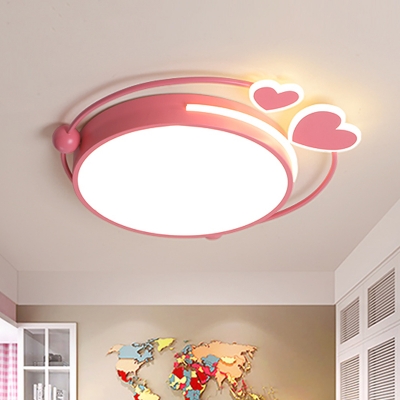 Drum Ceiling Flush Minimalist Acrylic Pink LED Flush Mount Lighting Fixture with Loving Heart Design in Warm/White Light