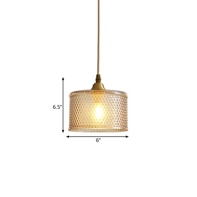 Drum Dining Room Pendant Light Retro Cognac Hammered Glass 1 Bulb Brass Hanging Lamp Kit
