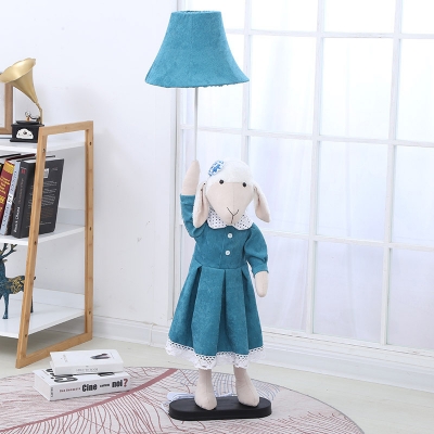 Fabric Sheep Lady Floor Lighting Cartoon 1 Light Blue Floor Stand Lamp with Bell Shade