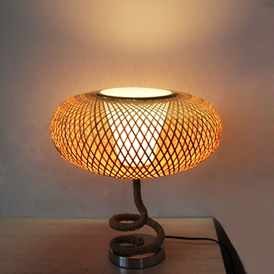 Flaxen Cross-Woven Oval Night Light Country 1 Head Bamboo Rattan Table Lighting with Spiral Rope Base