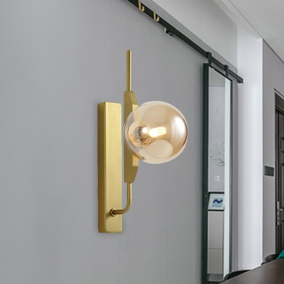 Gold Right Angle Arm Wall Sconce Designer Single Metal Wall Light Kit with Orb Amber/White/Smoke Glass Shade