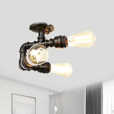 Iron Pipe Semi Flush Light Fixture Vintage 3/4 Heads Corridor Flush Mount Ceiling Lamp in Bronze