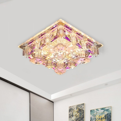 LED Ceiling Light Modernist Square Clear K9 Crystal Flush Mount Lighting Fixture in Yellow/Purple