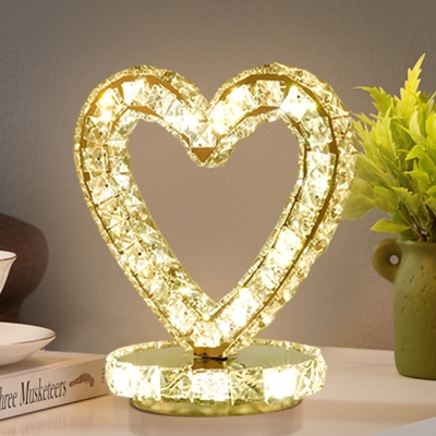LED Metallic Table Light Modernist Chrome Loving Heart/Round Bedside Nightstand Lamp with Crystal Block Detail
