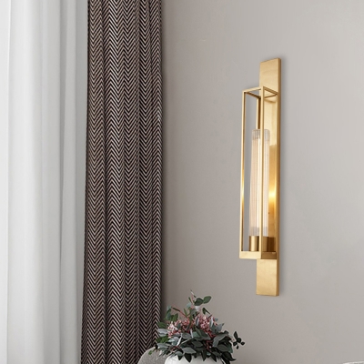 Linear Metal Wall Light Fixture Postmodern 1 Light Gold Finish Sconce with Tube Ribbed Glass Shade