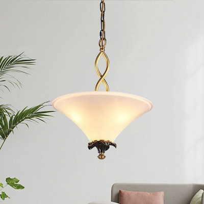 Lodge Inverted Flare Chandelier 3-Bulb Frosted White Glass Pendant Lighting with Twisted Arm in Brass