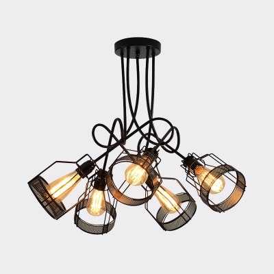 Metal Caged Semi Flush Mount Lighting Industrial 5 Bulbs Dining Room Close to Ceiling Lamp in Black