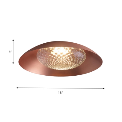 Metal Salad Bowl Flush Mount Light Mid Century 1-Light Copper Ceiling Lighting with Clear Lattice Glass Shade