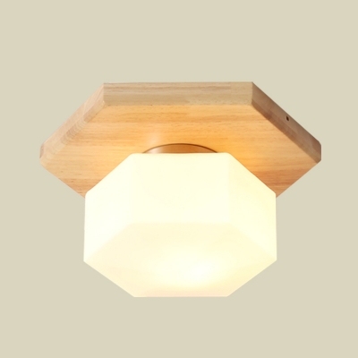 Milk White Glass Hexagon Flush Lighting Minimalism 1-Head Wood Ceiling Mounted Fixture