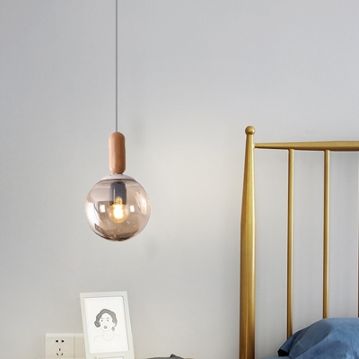 Mini Globe Pendulum Light Simplicity White/Cognac Glass 1 Head Sitting Room Hanging Pendant with Wood Top