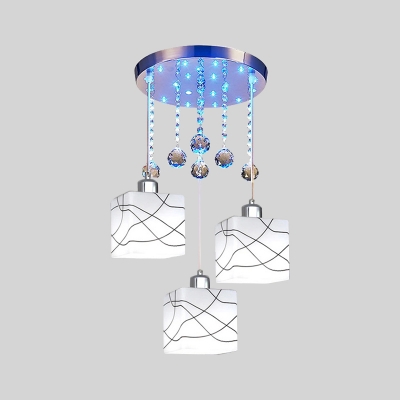 Modern Square Cluster Pendant Light 3 Heads White Glass Hanging Lamp with Clear Crystal Ball