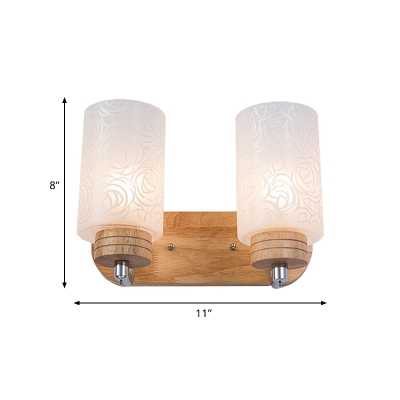 Nordic Pillar Wall Light Fixture Floral Patterned Frosted Glass 2 Lights Bedroom Wall Sconce in Wood