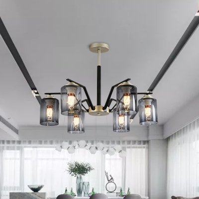 Post Modern Cylinder Chandelier Light Gradient Smoke Gray Glass 5/6 Bulbs Bedroom Suspension Lamp in Black and Gold