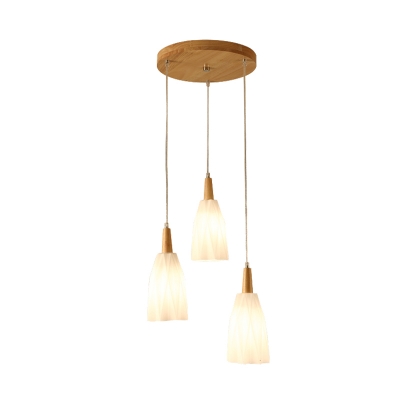 Prismatic White Glass Cluster Pendant Light Japanese 3-Light Wood Hanging Ceiling Lamp