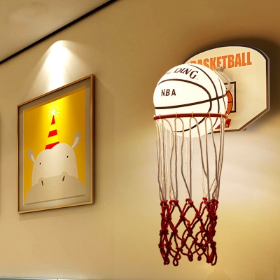 Red Basket Frame Shape Wall Mounted Lighting Cartoon 1 Head Rope Wall Lamp Sconce with Basketball Cream Glass Shade
