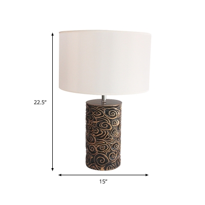 Resin Antiqued Bronze Nightstand Lamp Swirl Pattern Cylinder Single Rural Table Light with Drum Lampshade
