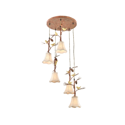 Scalloped Dining Room Cluster Pendant Rustic Fabric 3/5 Heads Flaxen Hanging Ceiling Light with Bird and Pinecone Detail