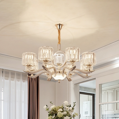 Silver Cylinder Pendant Chandelier Contemporary Crystal Block 6/8 Lights Dining Room Suspension Lamp