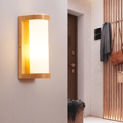 Wood Rectangle Wall Light Sconce Simple 1 Head Wall Lamp Fixture with Tube Opal Glass Shade