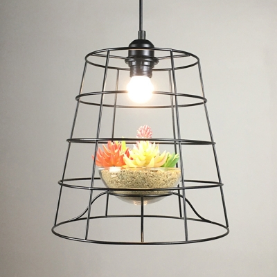 1 Bulb Barrel Cage Hanging Pendant Industrial Black Iron Ceiling Suspension Lamp with Artificial Vine/Succulent