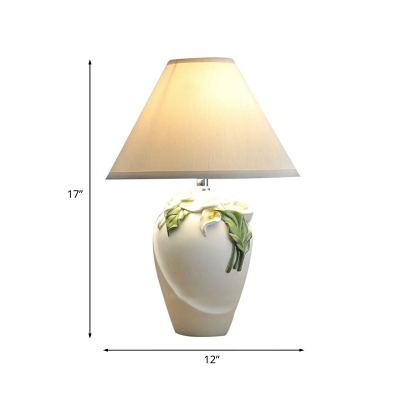 1 Bulb Wide Cone Table Light Korean Garden White Fabric Nightstand Lamp with Flower Urn Pedestal