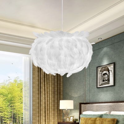 1-Head Bedroom Ceiling Pendant Light Modernist White Suspension Lamp Fixture with Feather Ball Fabric Shade