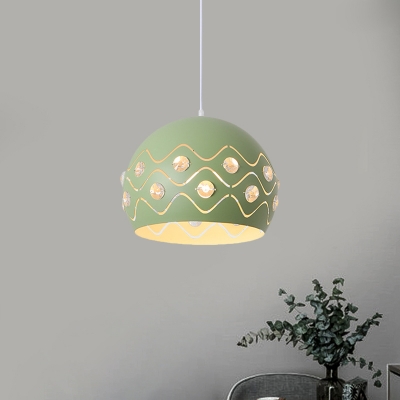 1 Light Dining Room Down Lighting Macaron Pink/Yellow/Blue Finish Pendant with Dome Iron Shade and Crystal Accent