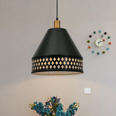 1 Light Down Lighting Vintage Bedside Ceiling Hang Fixture with Laser-Cut Cone Iron Shade in Black